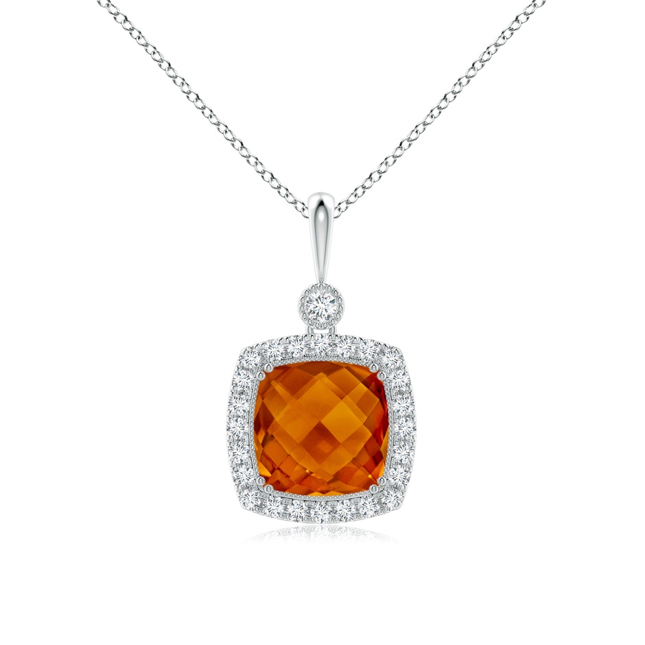 10mm AAAA Double Prong-Set Cushion Citrine Halo Pendant in White Gold 