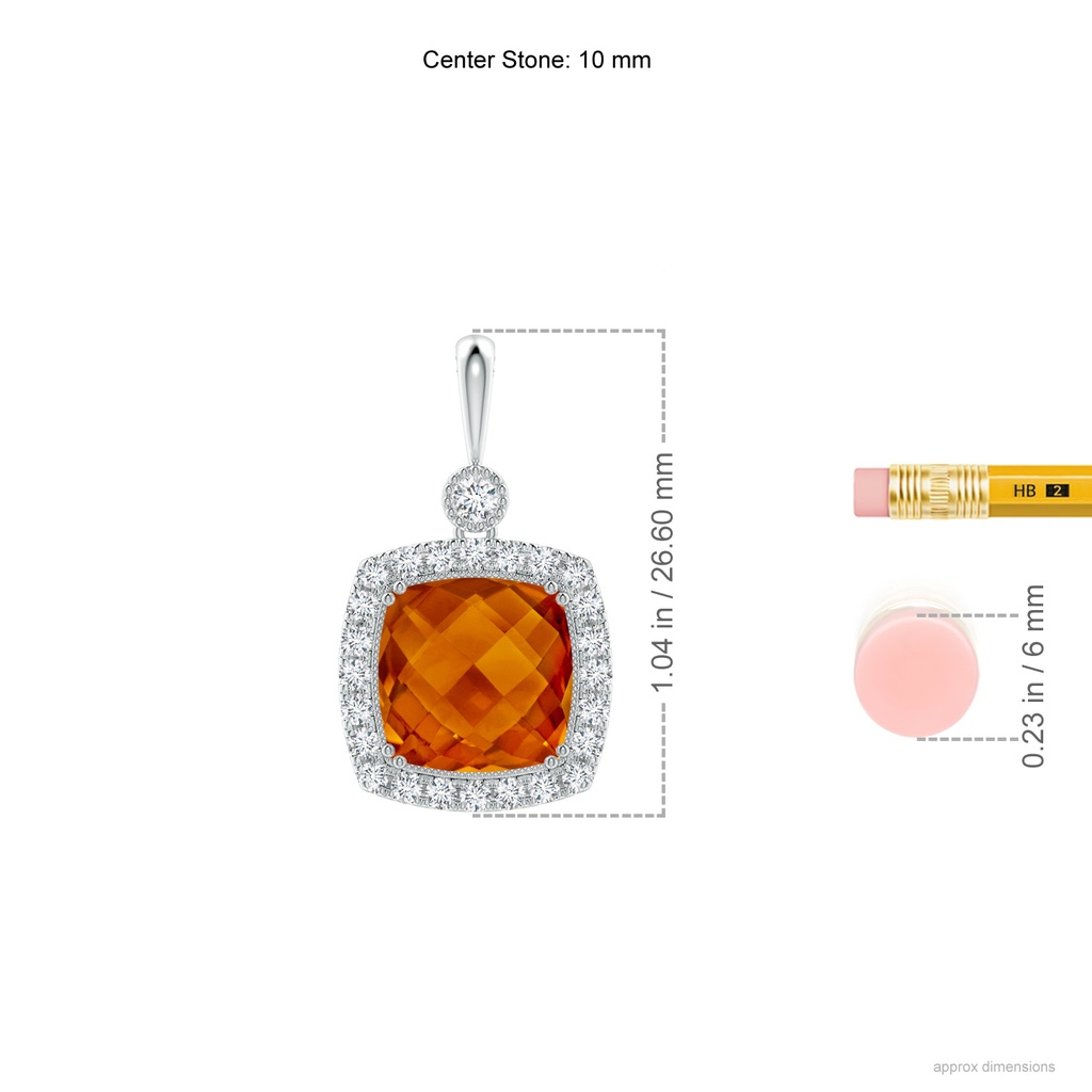 10mm AAAA Double Prong-Set Cushion Citrine Halo Pendant in White Gold Ruler