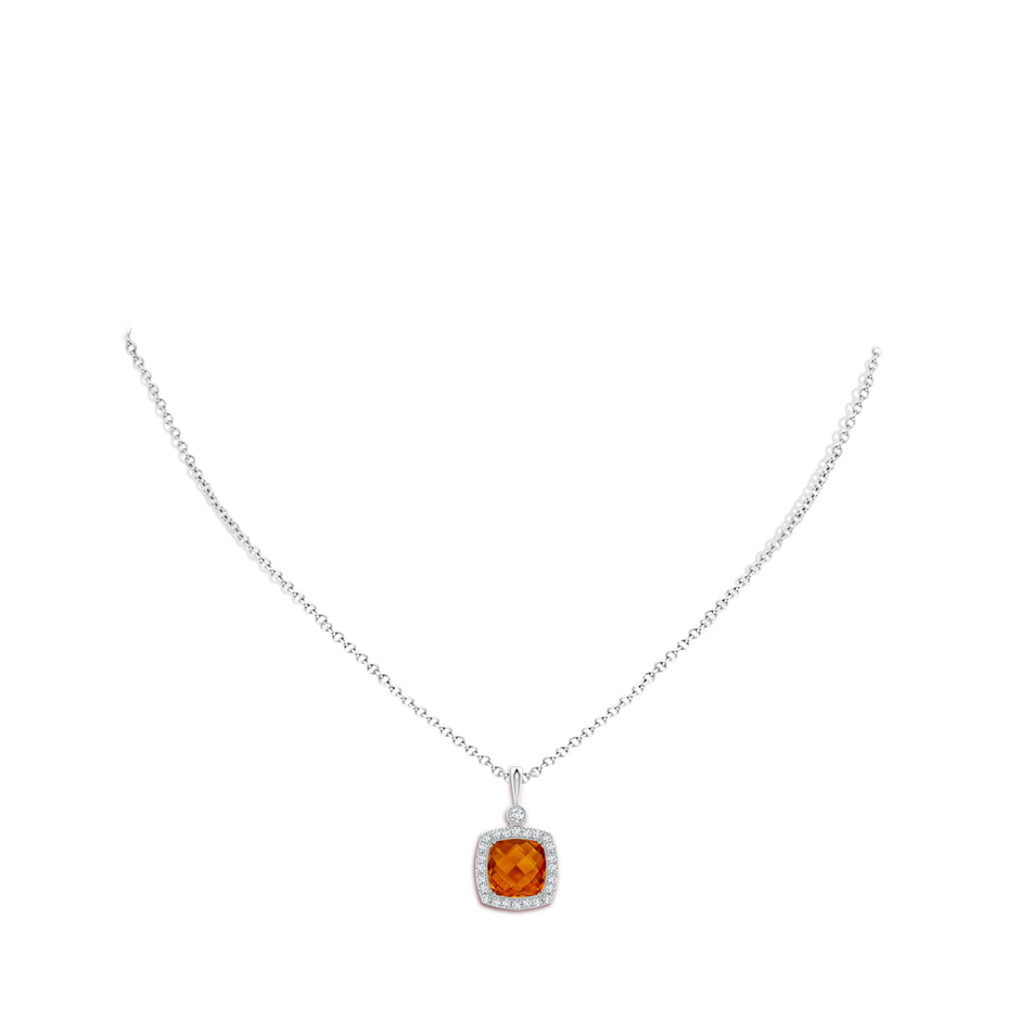 10mm AAAA Double Prong-Set Cushion Citrine Halo Pendant in White Gold body-neck