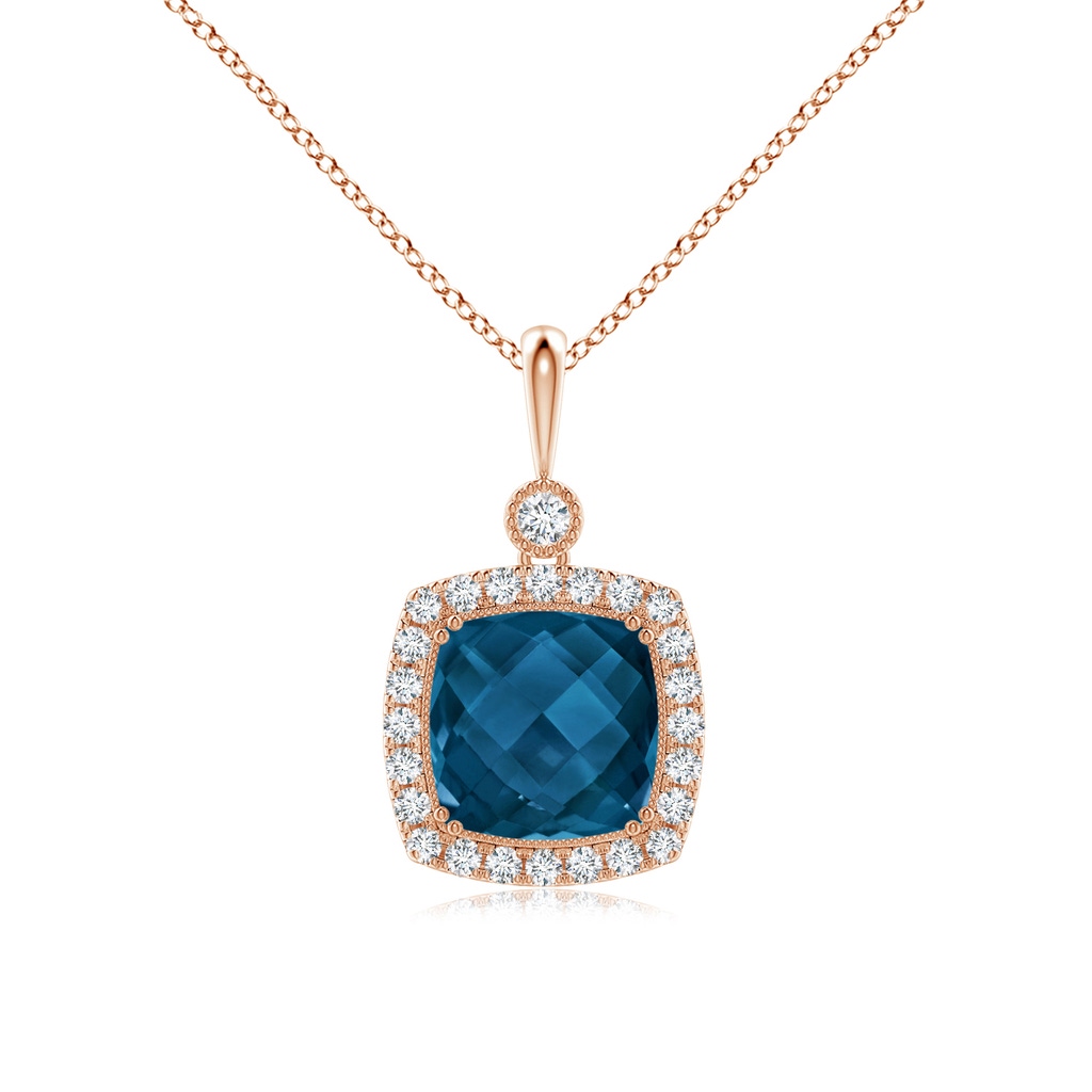 10mm AAAA Double Prong-Set Cushion London Blue Topaz Halo Pendant in Rose Gold