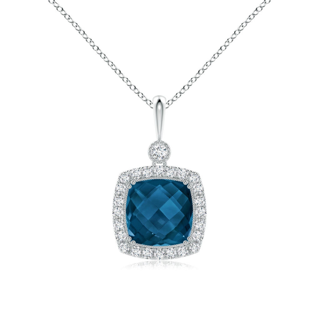10mm AAAA Double Prong-Set Cushion London Blue Topaz Halo Pendant in White Gold