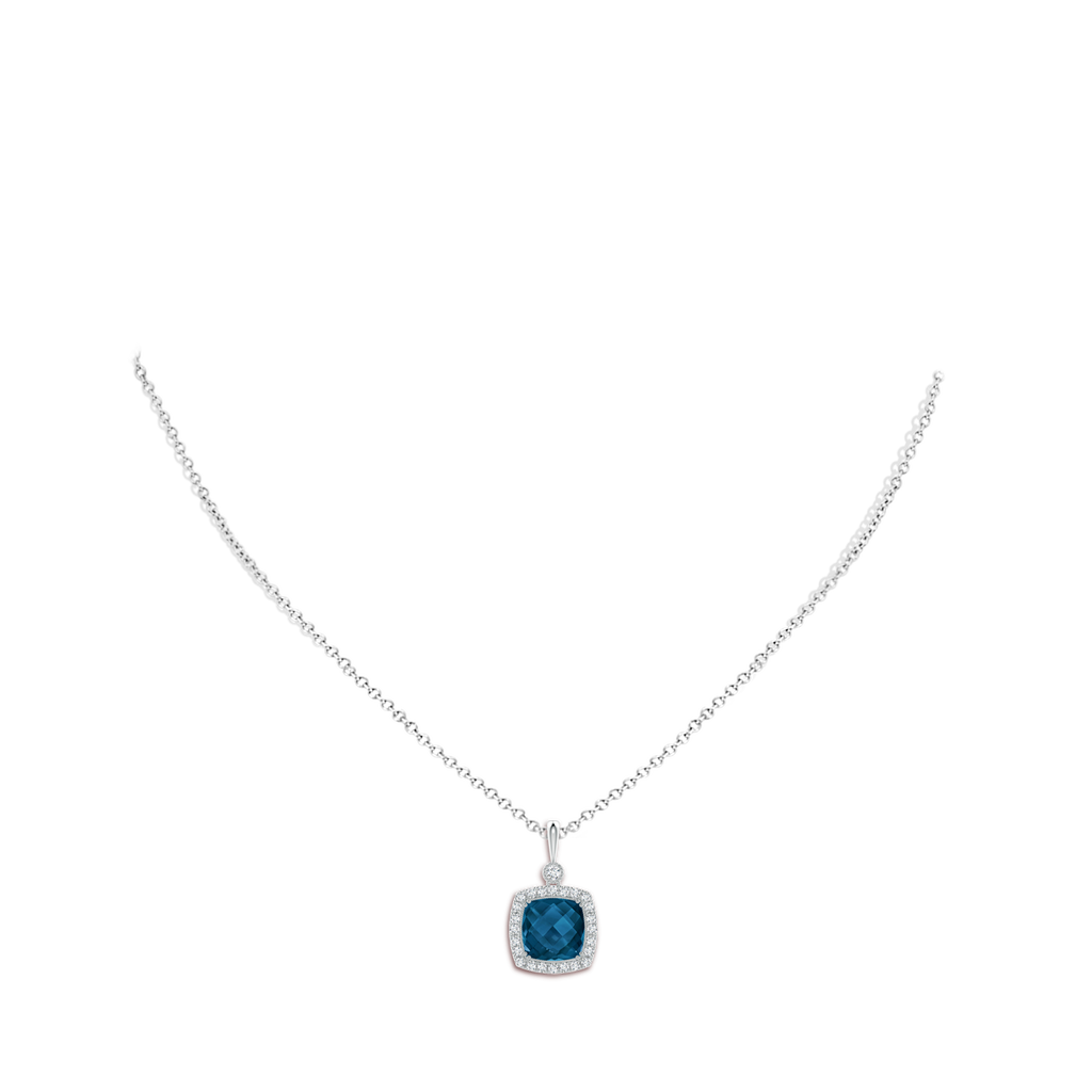 10mm AAAA Double Prong-Set Cushion London Blue Topaz Halo Pendant in White Gold Body-Neck