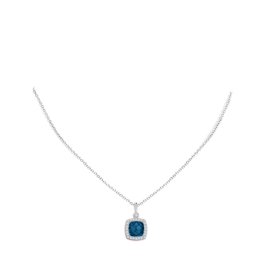 10mm AAAA Double Prong-Set Cushion London Blue Topaz Halo Pendant in White Gold body-neck