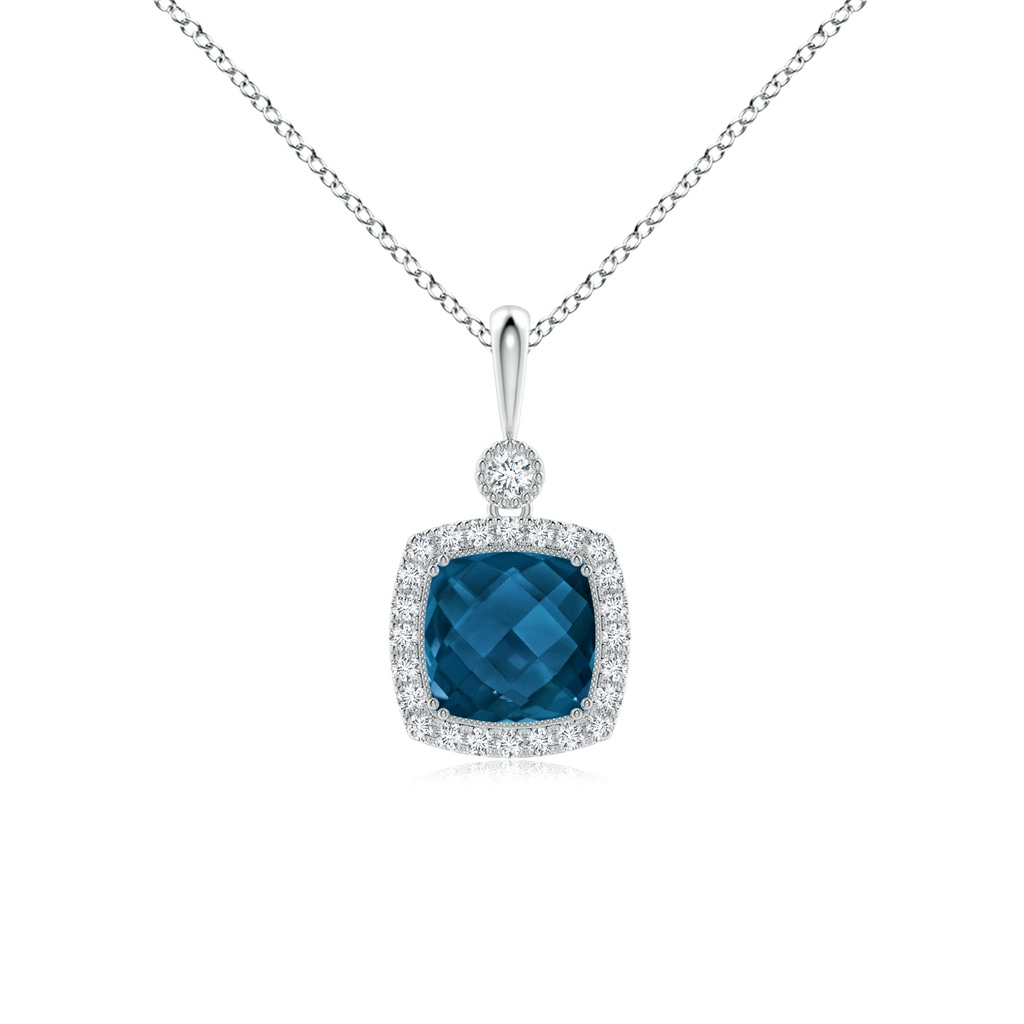 8mm AAAA Double Prong-Set Cushion London Blue Topaz Halo Pendant in White Gold