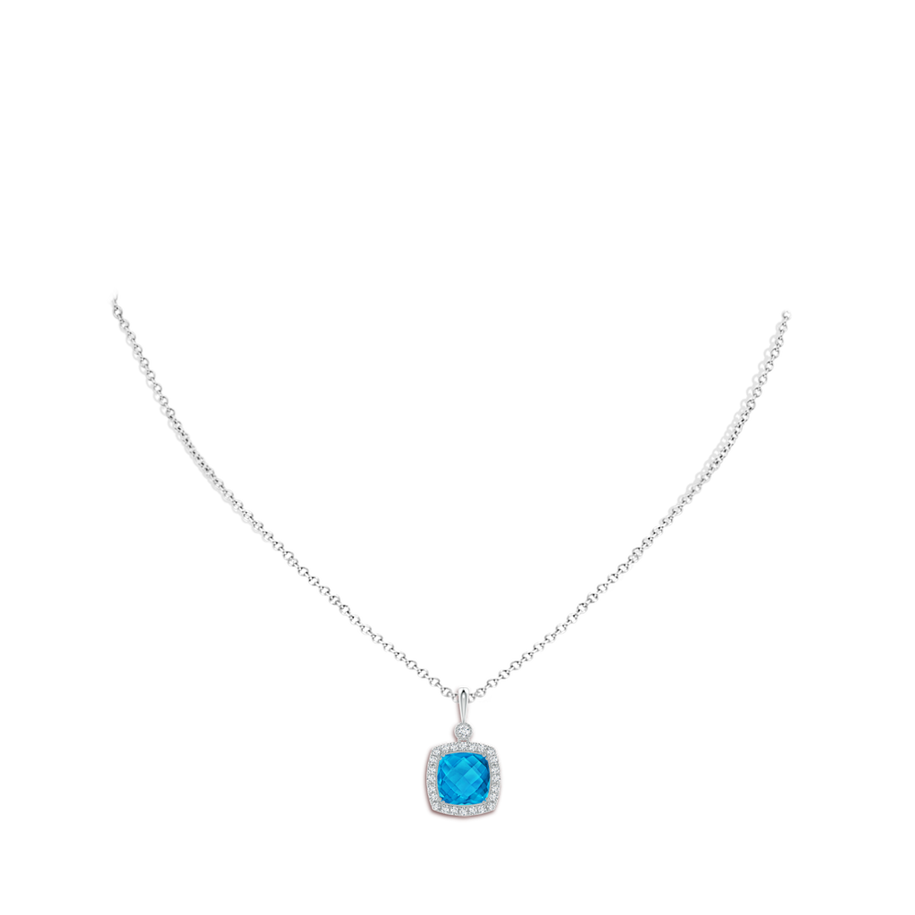 10mm AAAA Double Prong-Set Cushion Swiss Blue Topaz Halo Pendant in White Gold Body-Neck