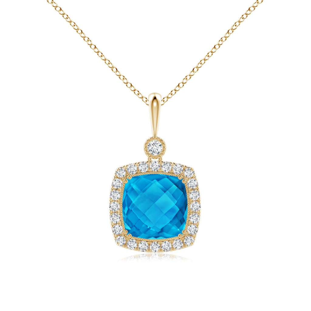 10mm AAAA Double Prong-Set Cushion Swiss Blue Topaz Halo Pendant in Yellow Gold