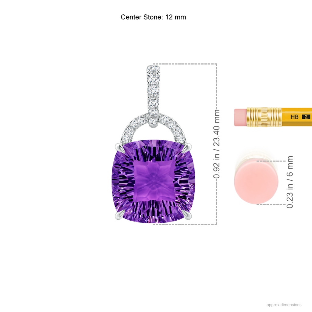 12mm AAAA Cushion Amethyst Pendant with Diamond Bale in White Gold Ruler