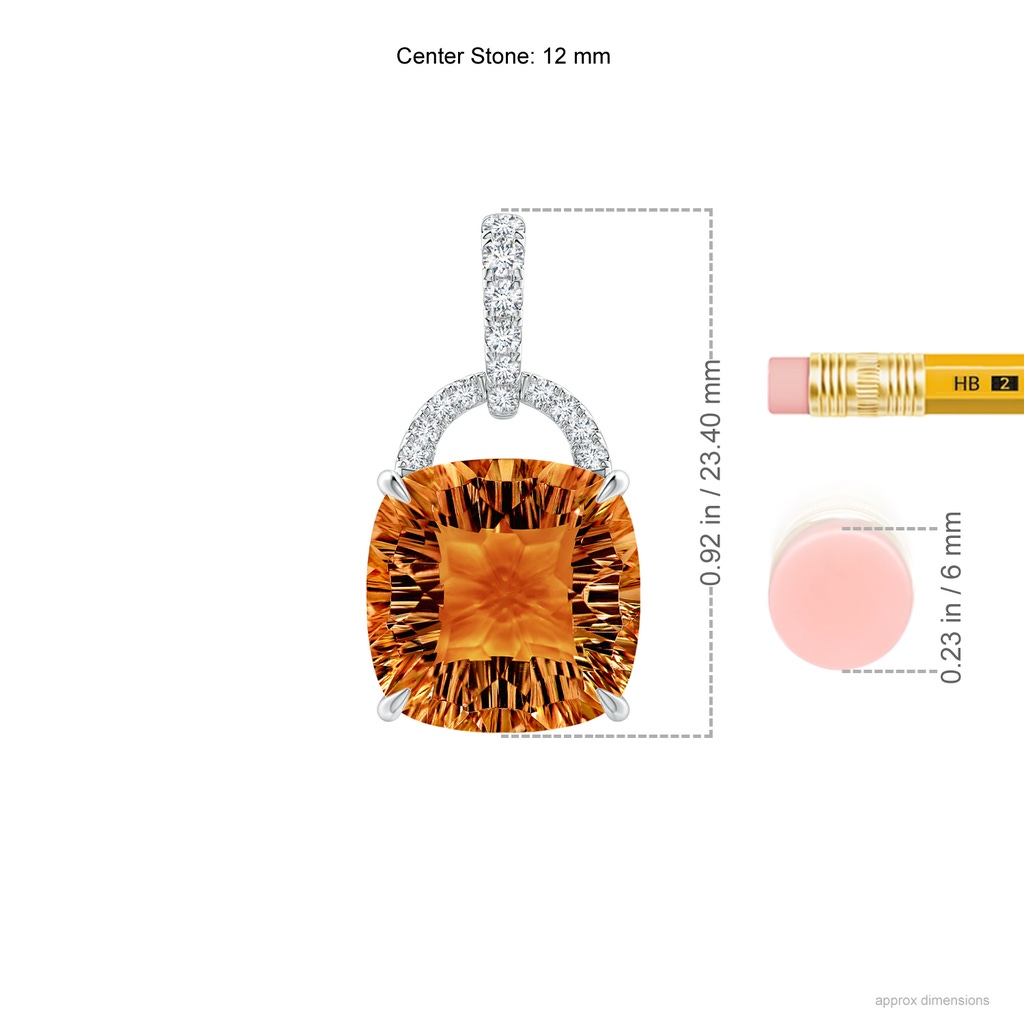 12mm AAAA Cushion Citrine Pendant with Diamond Bale in White Gold Ruler