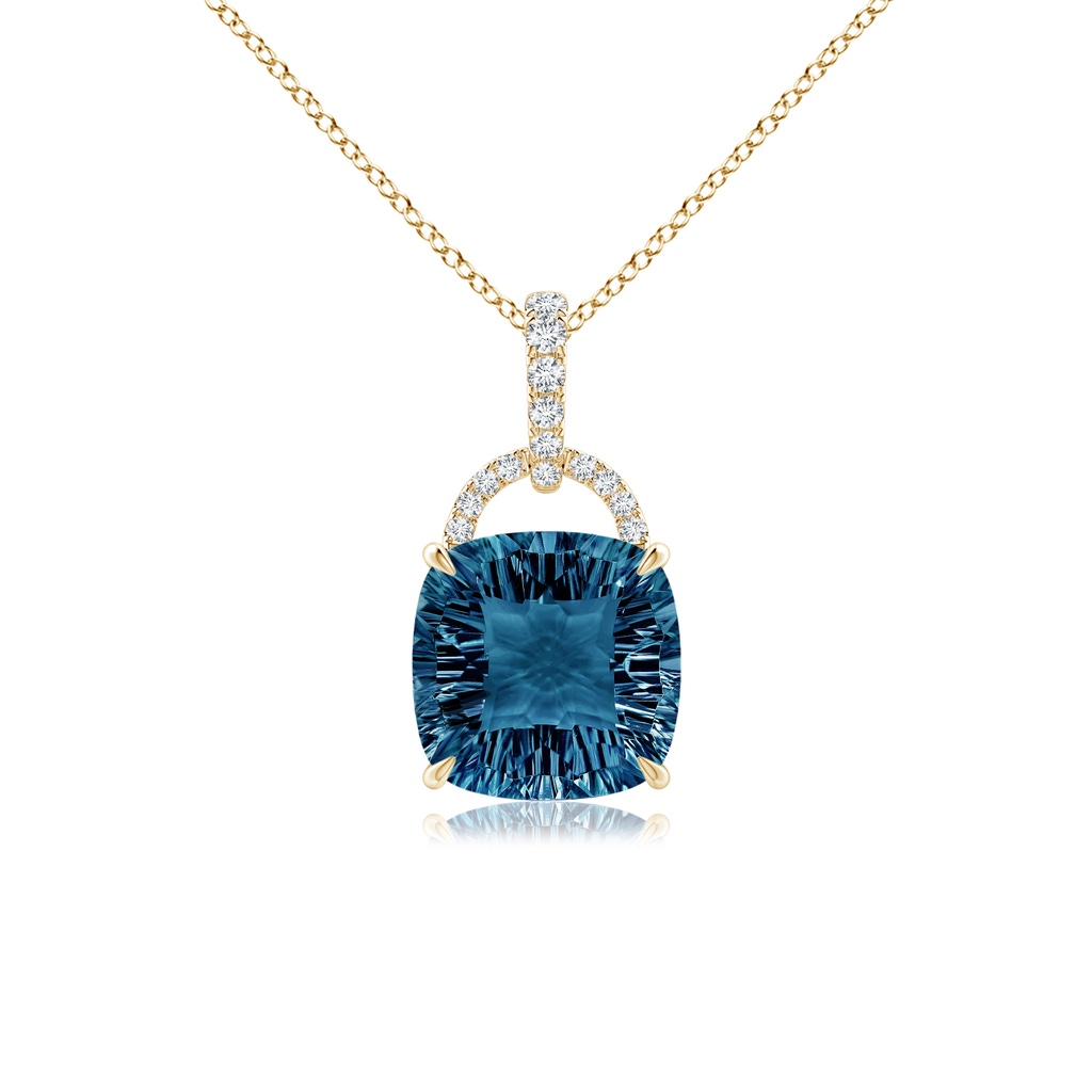 10mm AAAA Cushion London Blue Topaz Pendant with Diamond Bale in Yellow Gold