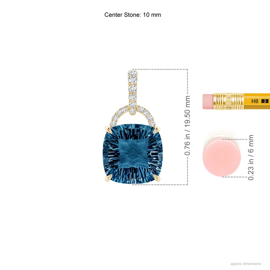 10mm AAAA Cushion London Blue Topaz Pendant with Diamond Bale in Yellow Gold ruler