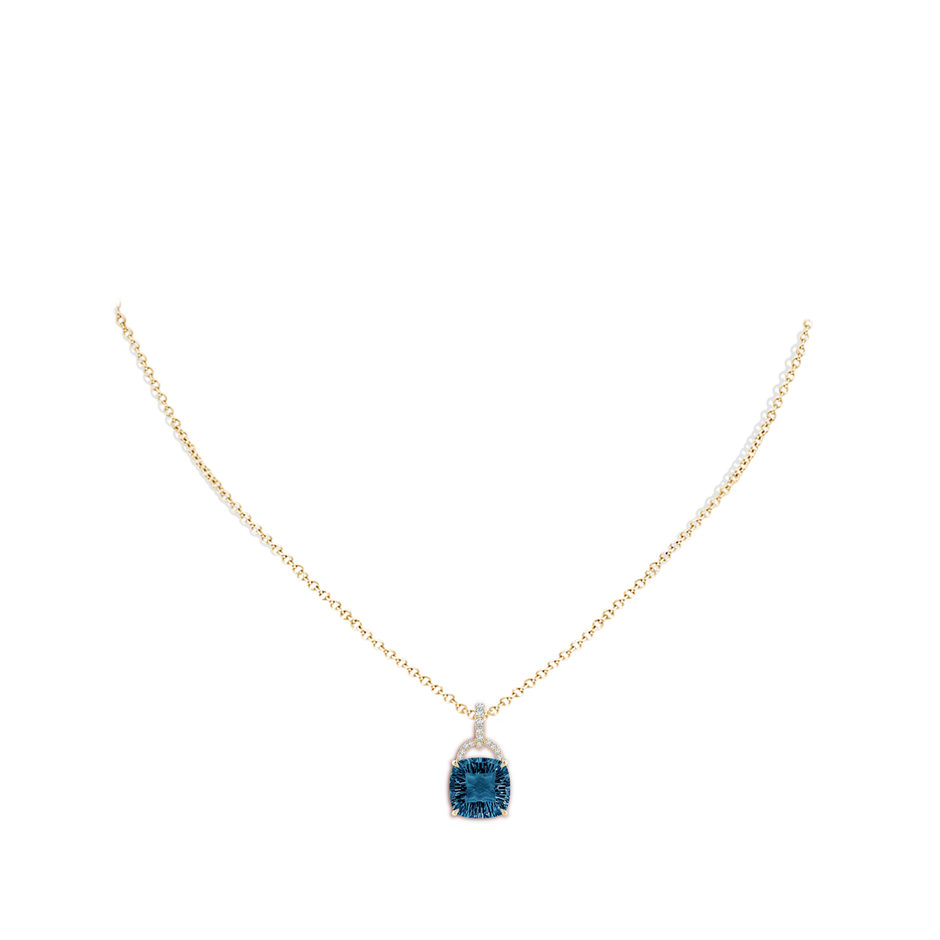 10mm AAAA Cushion London Blue Topaz Pendant with Diamond Bale in Yellow Gold body-neck