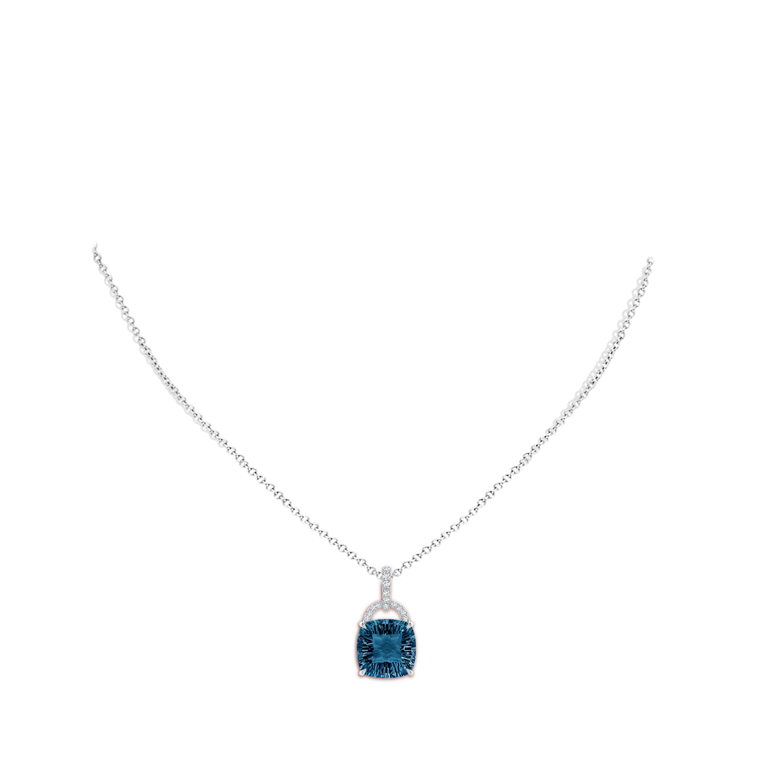 12mm AAAA Cushion London Blue Topaz Pendant with Diamond Bale in White Gold - body_neck