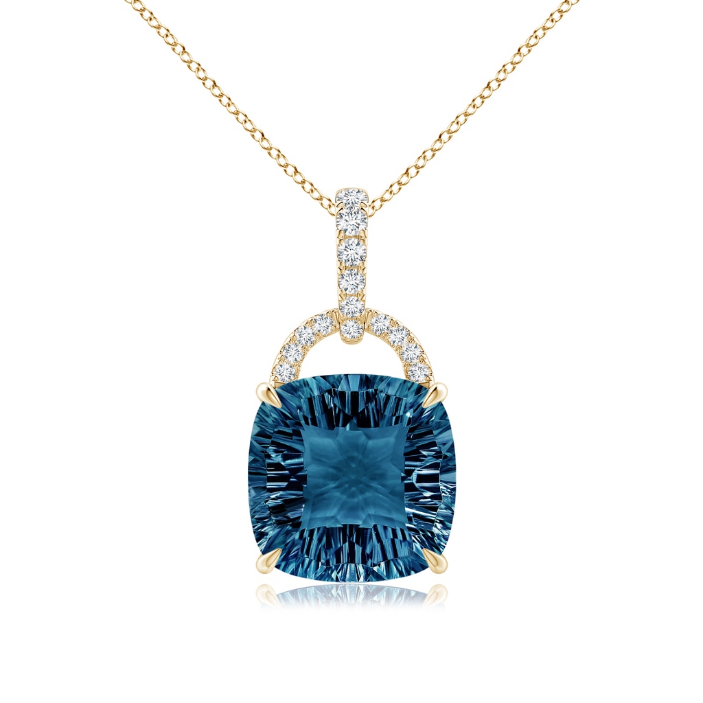 12mm AAAA Cushion London Blue Topaz Pendant with Diamond Bale in Yellow Gold
