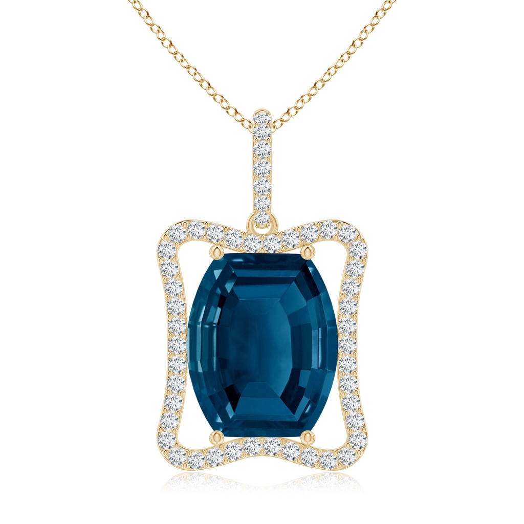 12x10mm AAAA Barrel-Shaped London Blue Topaz Pendant with Diamond Accents in Yellow Gold