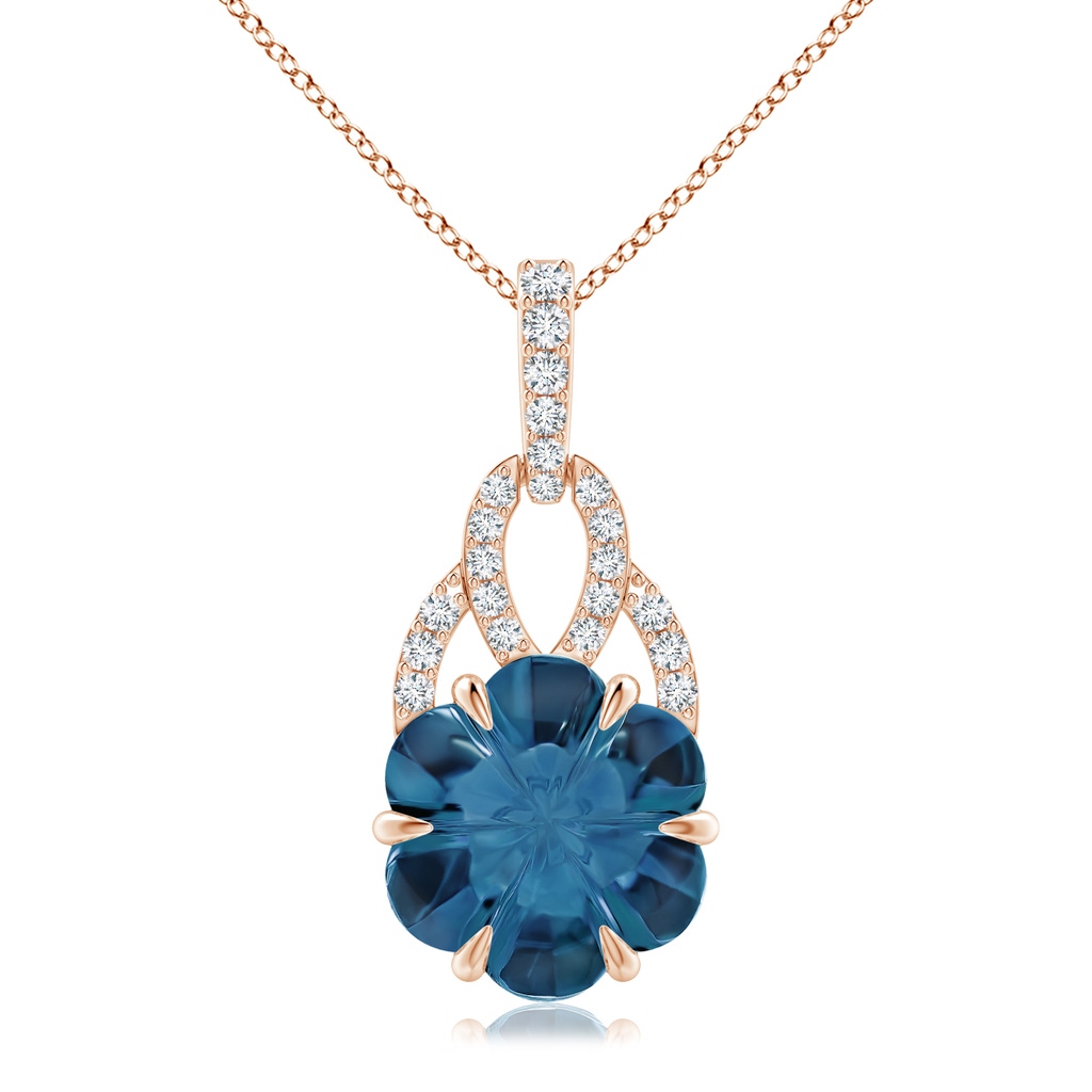 9mm AAAA Six-Petal London Blue Topaz Flower Pendant with Diamonds in Rose Gold