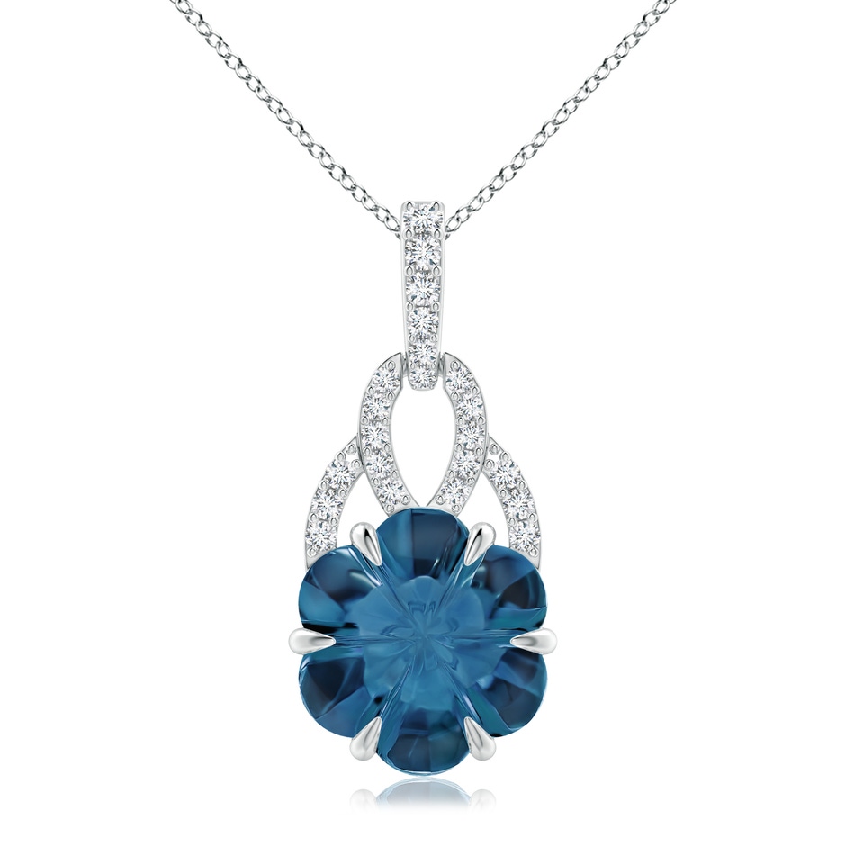 9mm AAAA Six-Petal London Blue Topaz Flower Pendant with Diamonds in White Gold 