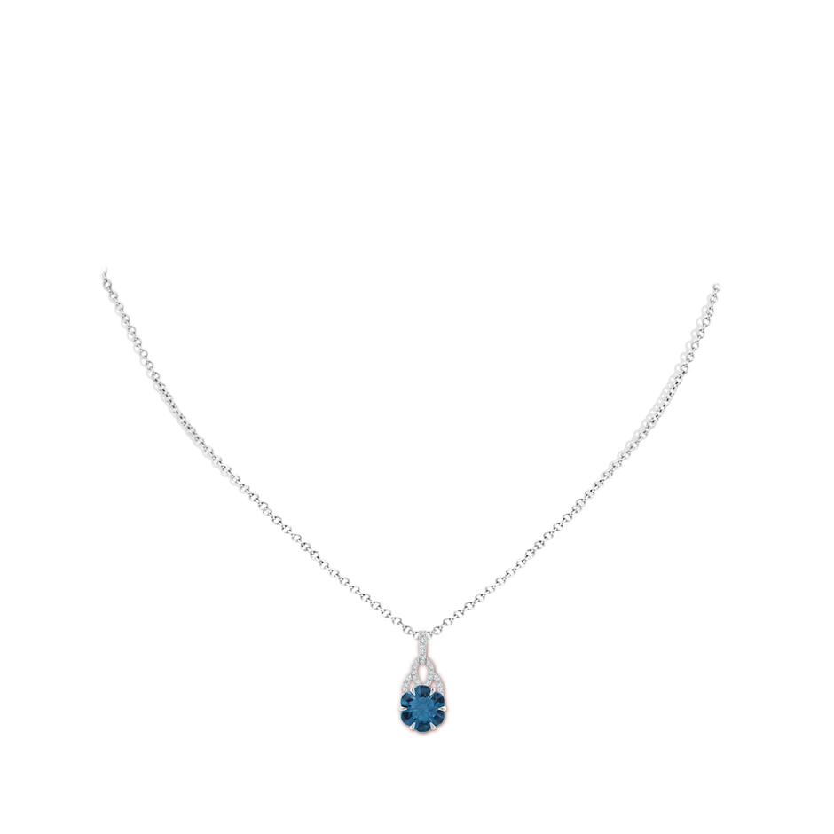 9mm AAAA Six-Petal London Blue Topaz Flower Pendant with Diamonds in White Gold body-neck