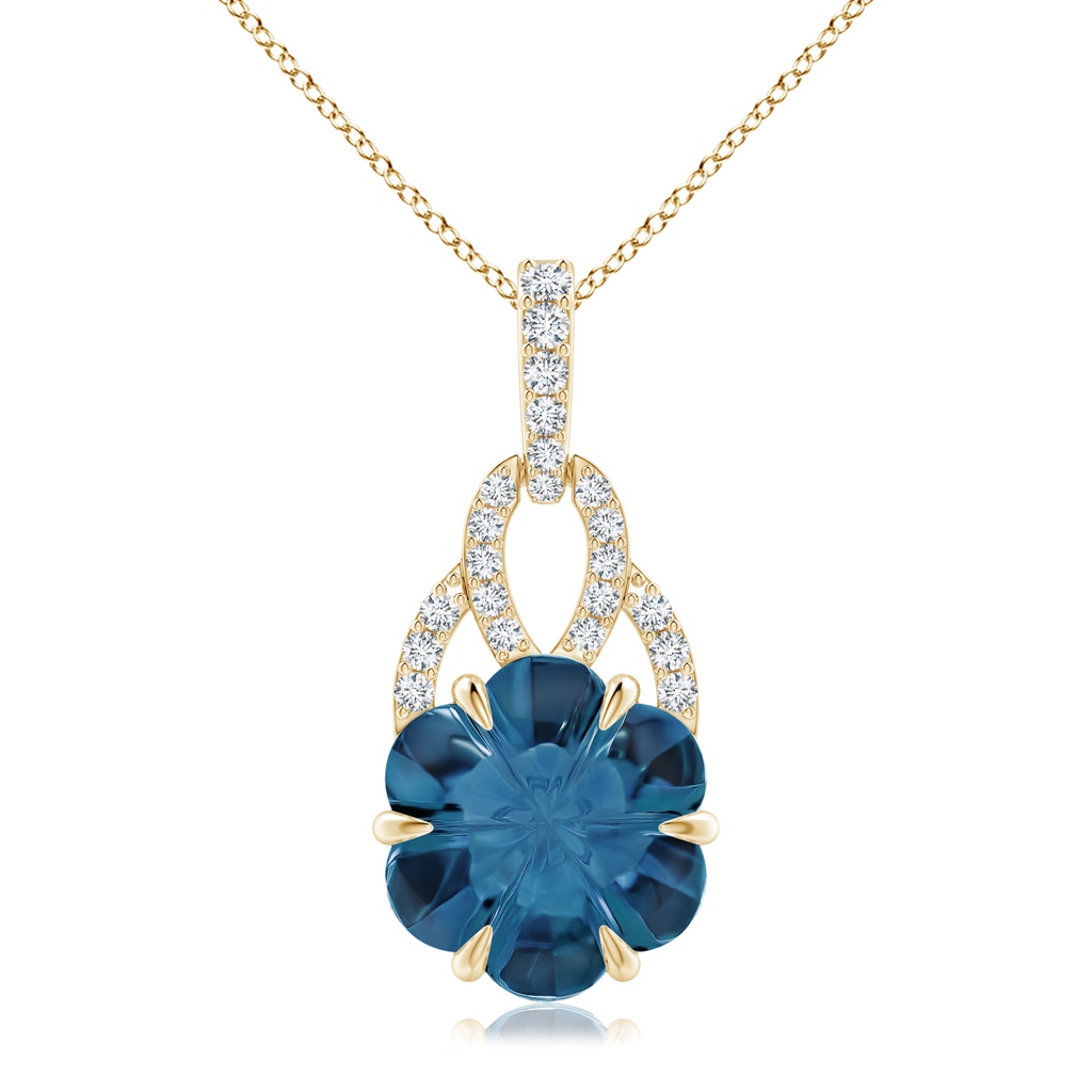 9mm AAAA Six-Petal London Blue Topaz Flower Pendant with Diamonds in Yellow Gold