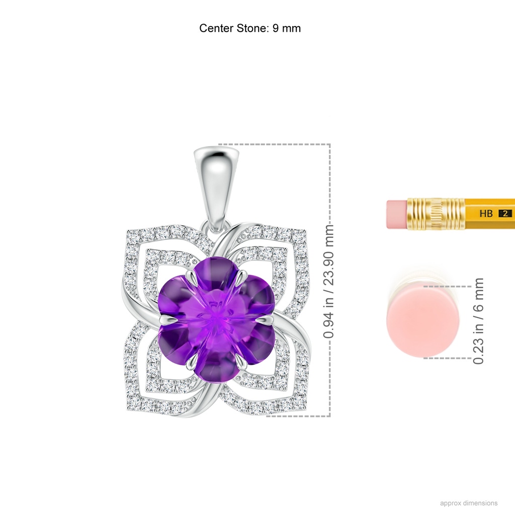 9mm AAAA Nature-Inspired Six-Petal Amethyst Flower Pendant in White Gold Ruler