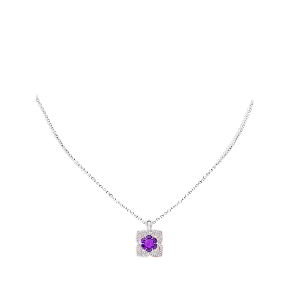 9mm AAAA Nature-Inspired Six-Petal Amethyst Flower Pendant in White Gold Body-Neck
