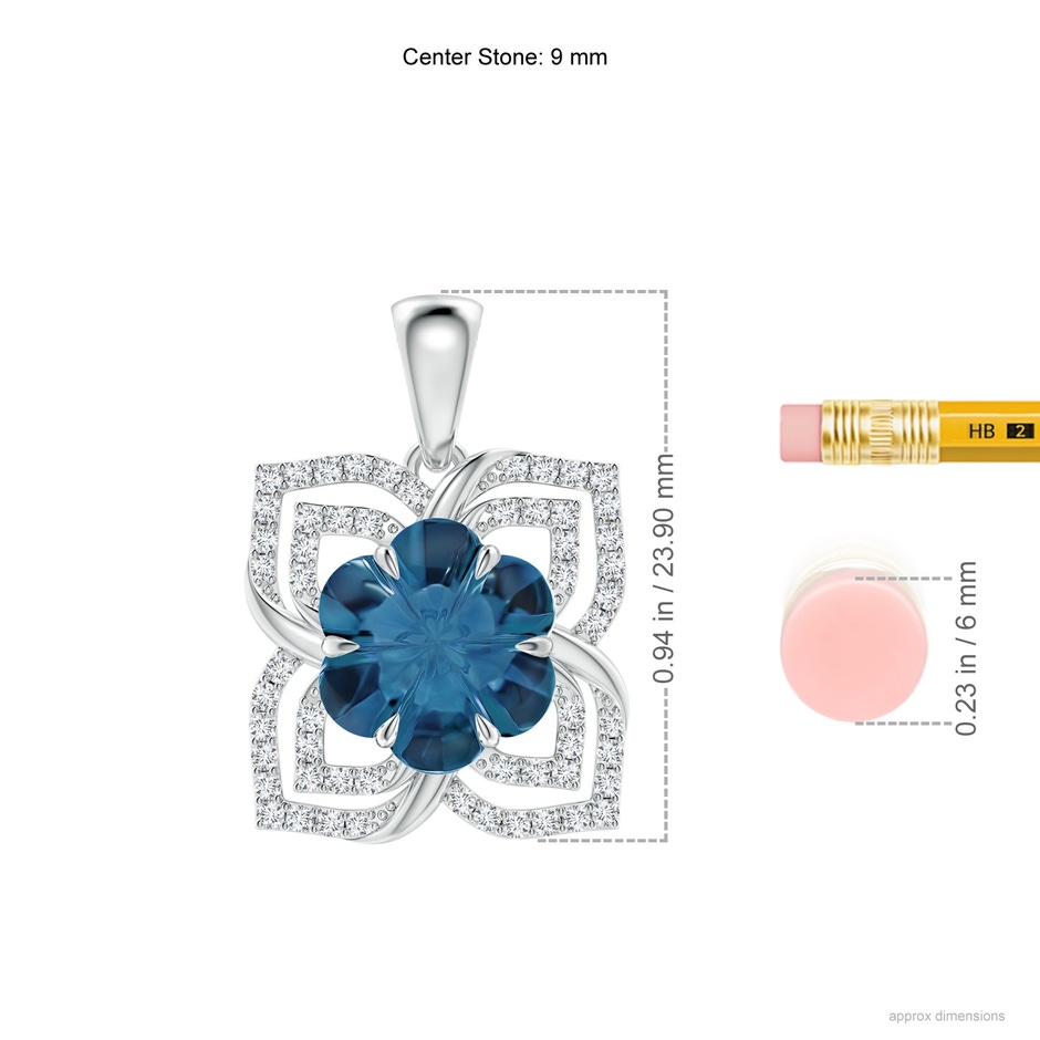 9mm AAAA Nature-Inspired Six-Petal London Blue Topaz Flower Pendant in White Gold ruler