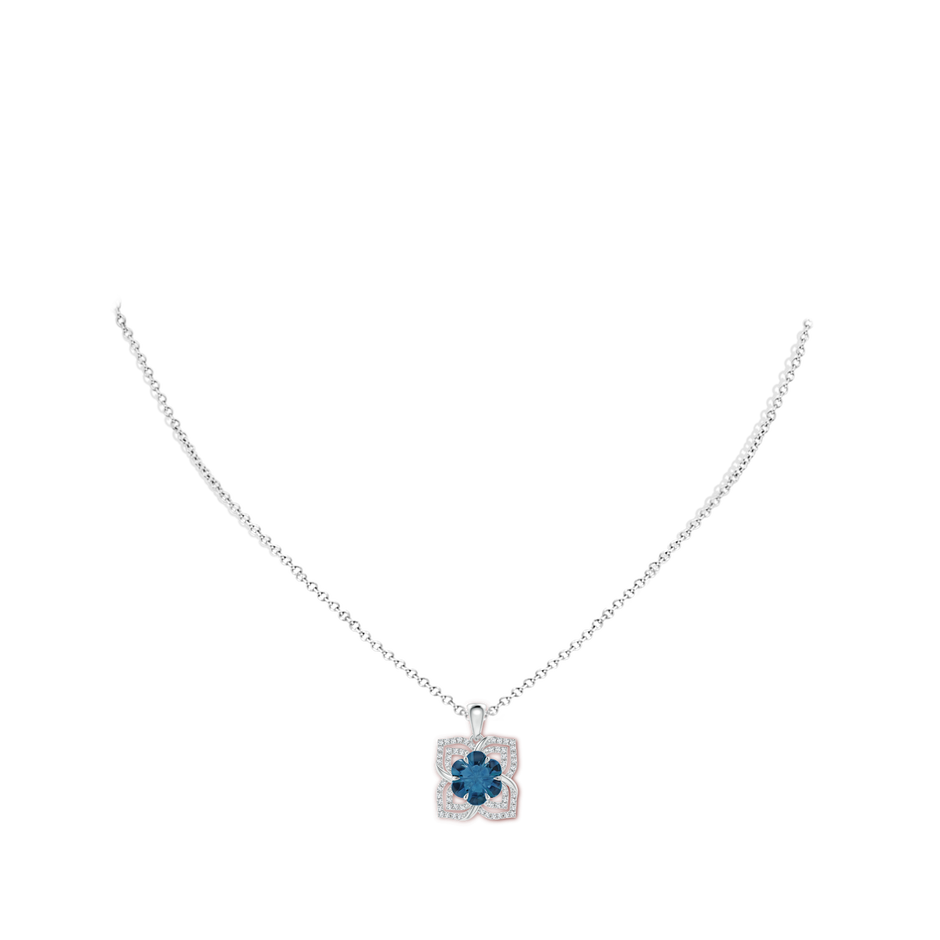 9mm AAAA Nature-Inspired Six-Petal London Blue Topaz Flower Pendant in White Gold body-neck