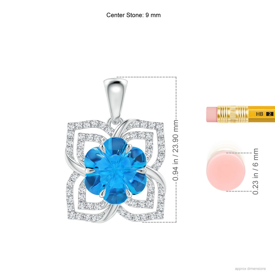 9mm AAAA Nature-Inspired Six-Petal Swiss Blue Topaz Flower Pendant in White Gold Ruler