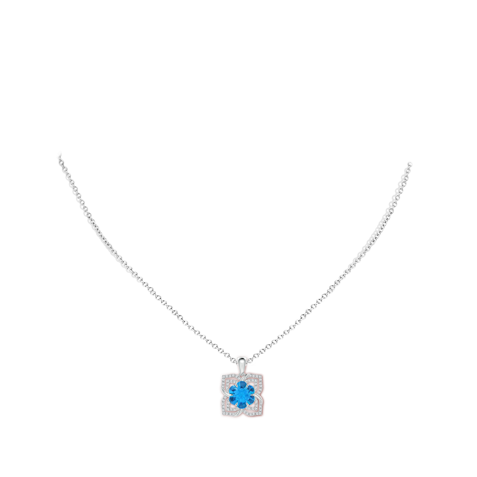 9mm AAAA Nature-Inspired Six-Petal Swiss Blue Topaz Flower Pendant in White Gold Body-Neck