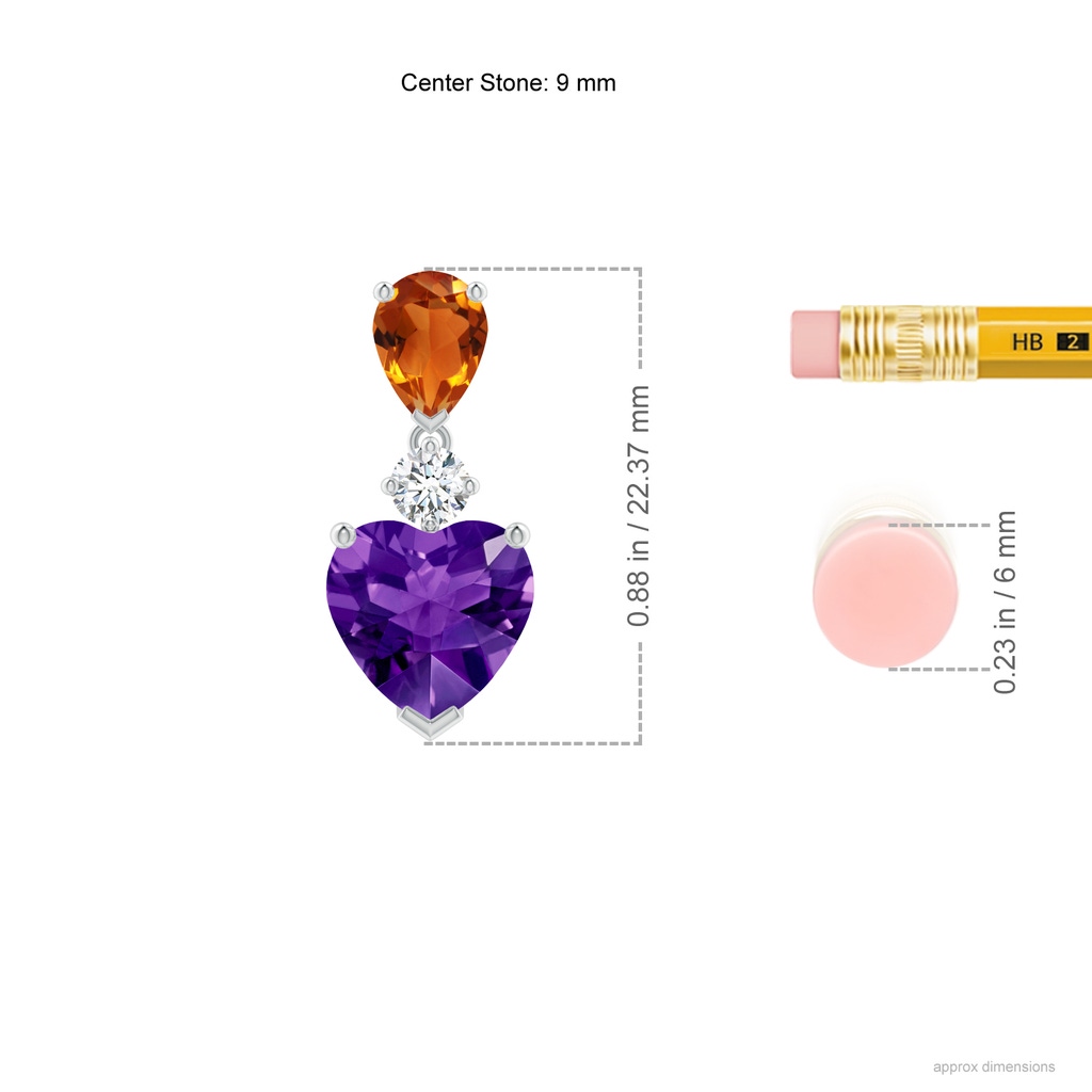 9mm AAAA Heart-Shaped Amethyst and Pear-Shaped Citrine Pendant in White Gold Ruler