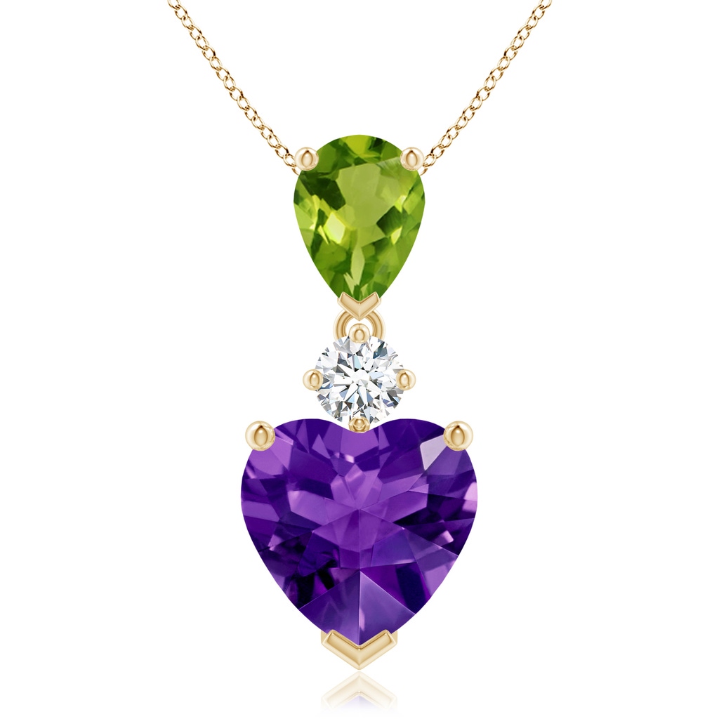 9mm AAAA Heart-Shaped Amethyst and Pear-Shaped Peridot Pendant in Yellow Gold