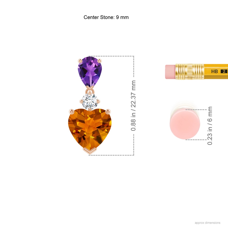 9mm AAAA Heart-Shaped Citrine and Pear-Shaped Amethyst Pendant in Rose Gold ruler