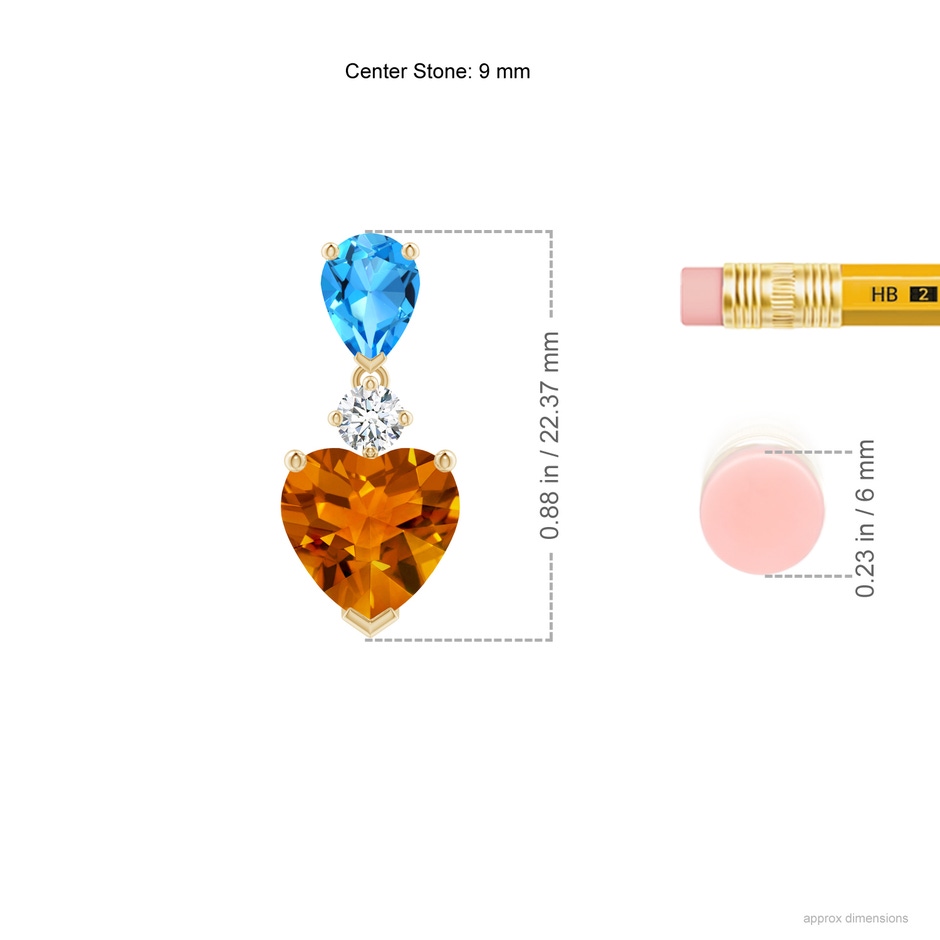 9mm AAAA Heart-Shaped Citrine and Pear-Shaped Swiss Blue Topaz Pendant in Yellow Gold ruler
