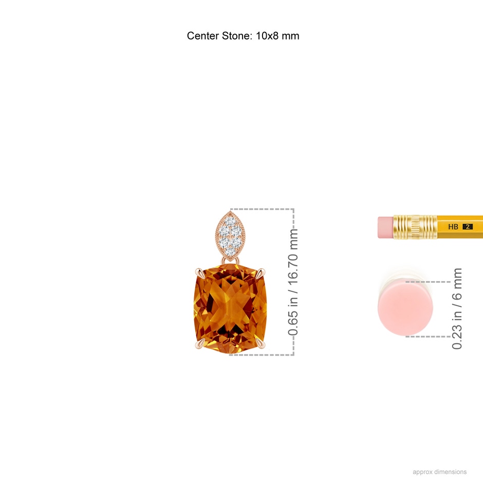 10x8mm AAAA Rectangular Cushion Citrine Leaf Bale Pendant in Rose Gold ruler