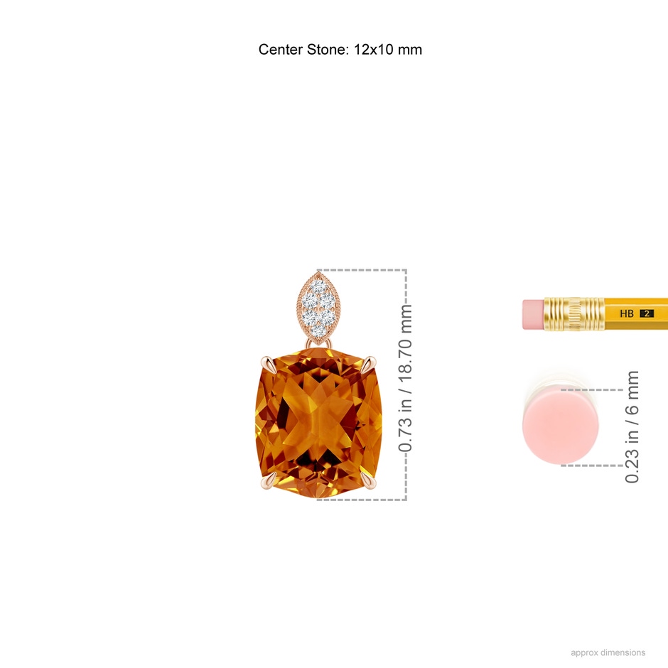 12x10mm AAAA Rectangular Cushion Citrine Leaf Bale Pendant in Rose Gold ruler