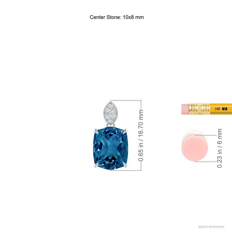10x8mm AAAA Rectangular Cushion London Blue Topaz Leaf Bale Pendant in P950 Platinum ruler