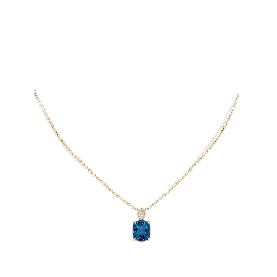 10x8mm AAAA Rectangular Cushion London Blue Topaz Leaf Bale Pendant in Yellow Gold body-neck