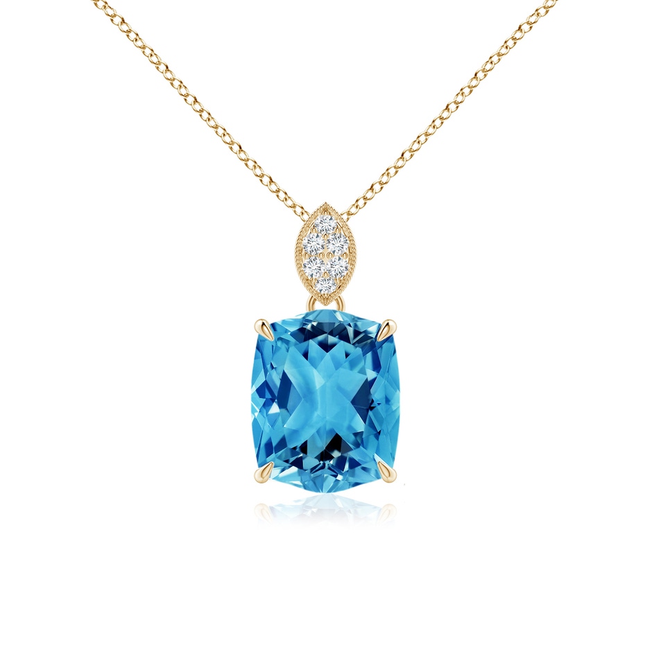 10x8mm AAAA Rectangular Cushion Swiss Blue Topaz Leaf Bale Pendant in Yellow Gold 