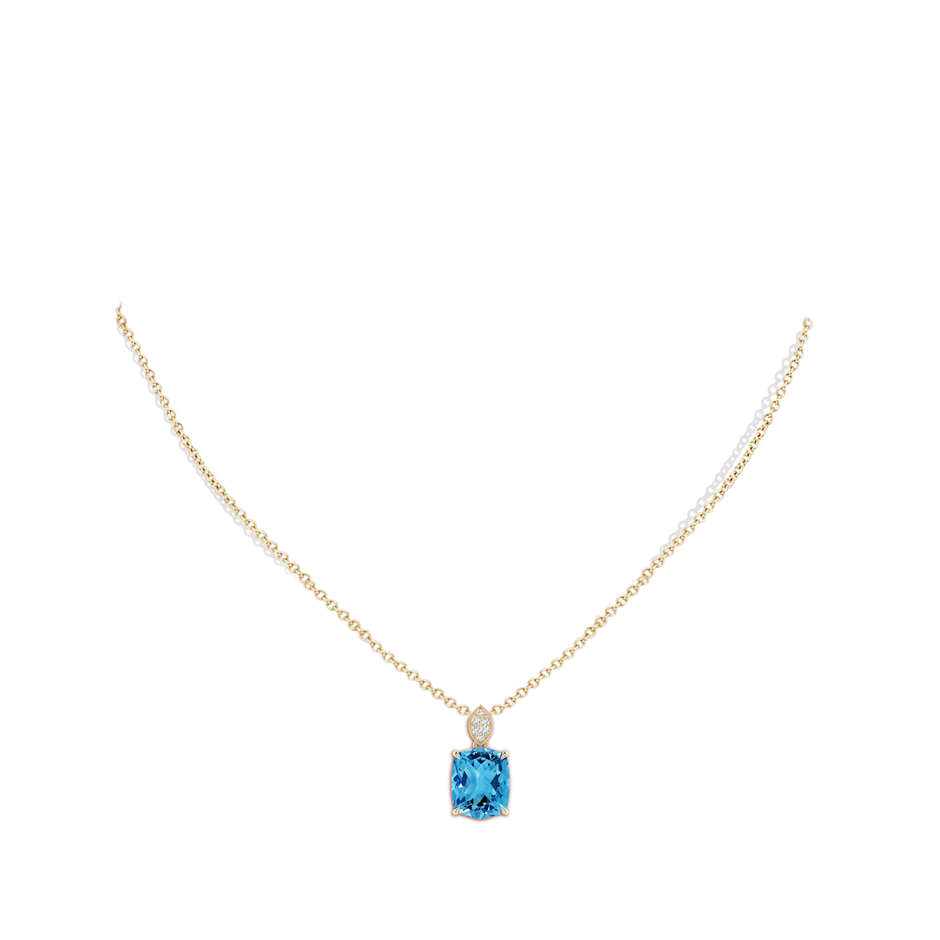 10x8mm AAAA Rectangular Cushion Swiss Blue Topaz Leaf Bale Pendant in Yellow Gold body-neck