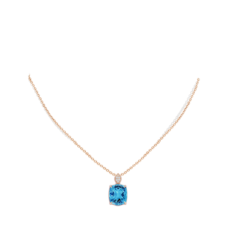 12x10mm AAAA Rectangular Cushion Swiss Blue Topaz Leaf Bale Pendant in Rose Gold body-neck