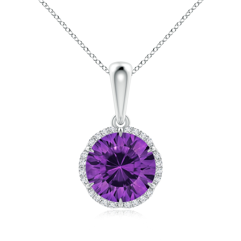 8mm AAAA Round Amethyst Floral Halo Pendant in White Gold