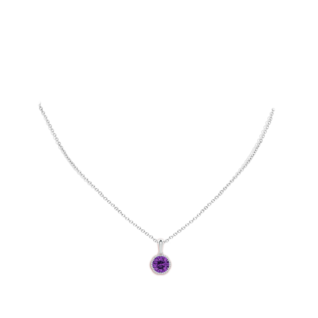 8mm AAAA Round Amethyst Floral Halo Pendant in White Gold Body-Neck