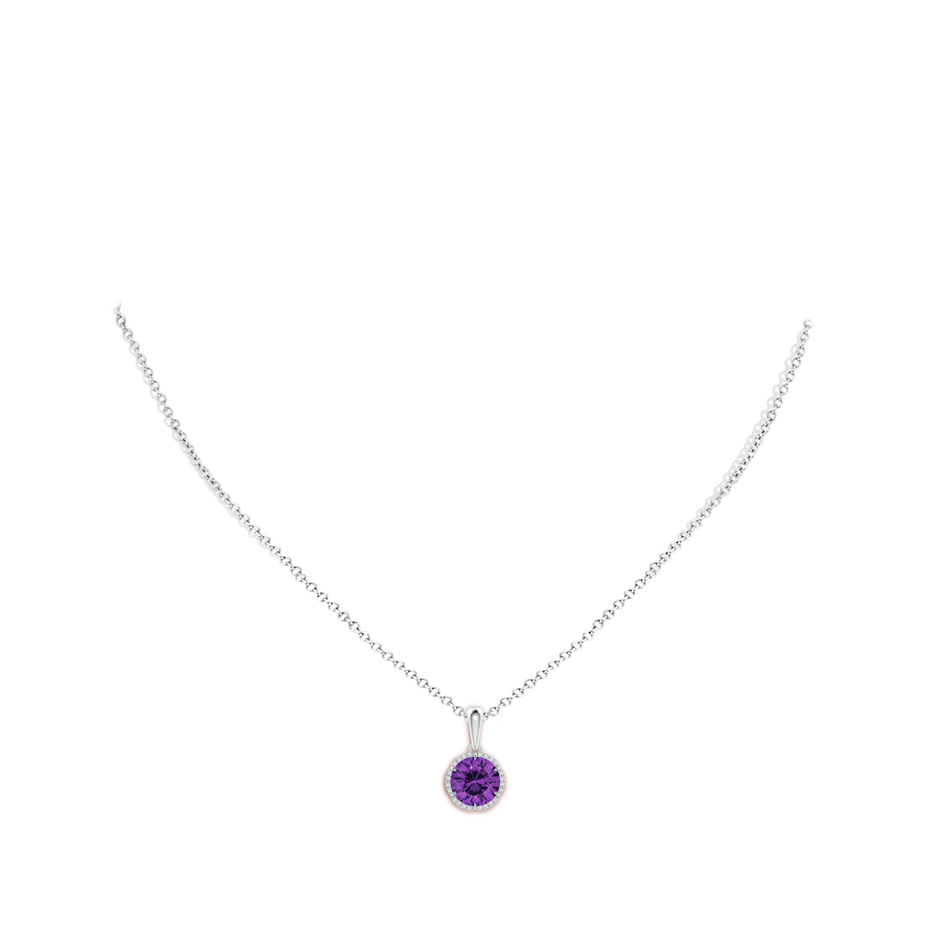 8mm AAAA Round Amethyst Floral Halo Pendant in White Gold body-neck