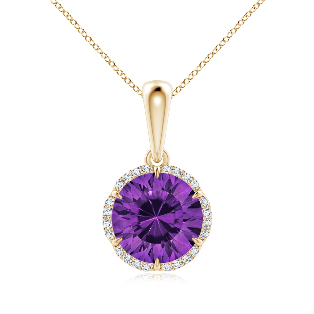 8mm AAAA Round Amethyst Floral Halo Pendant in Yellow Gold