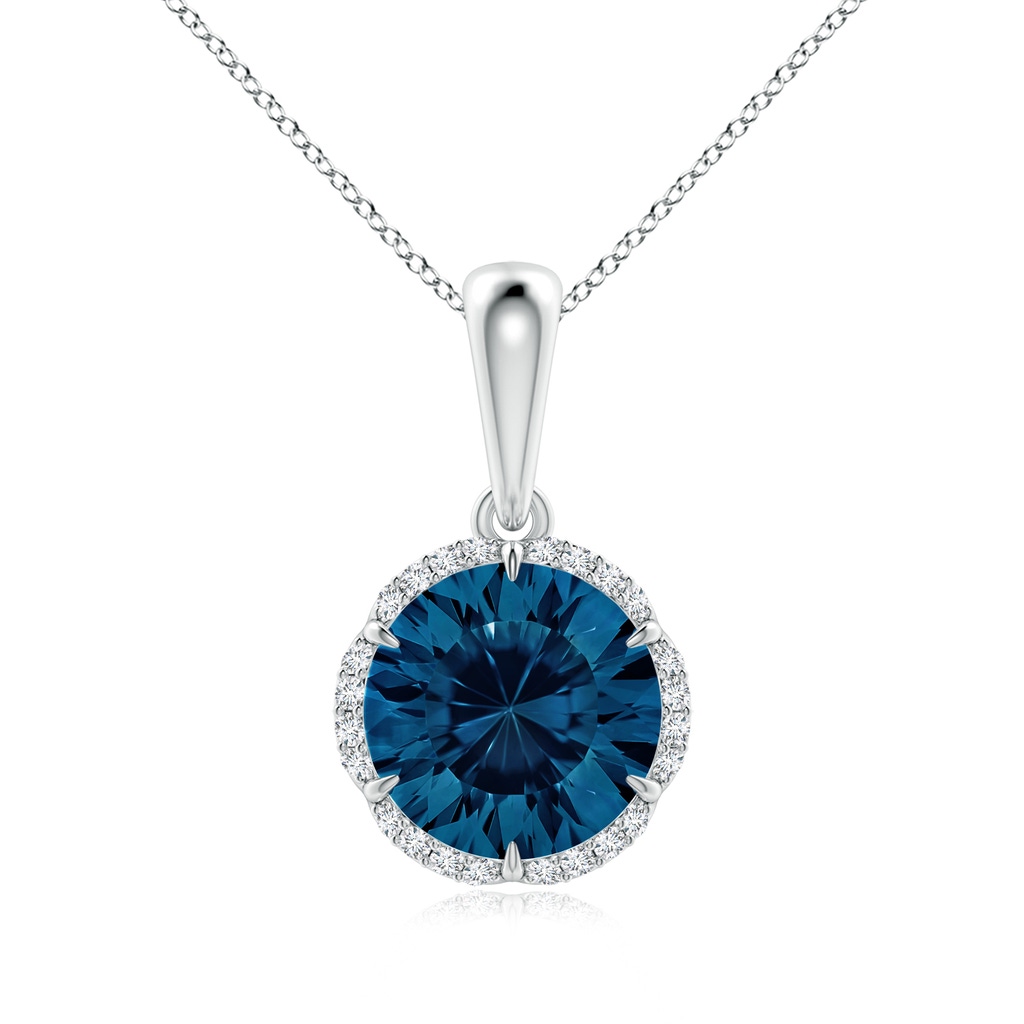 8mm AAAA Round London Blue Topaz Floral Halo Pendant in White Gold