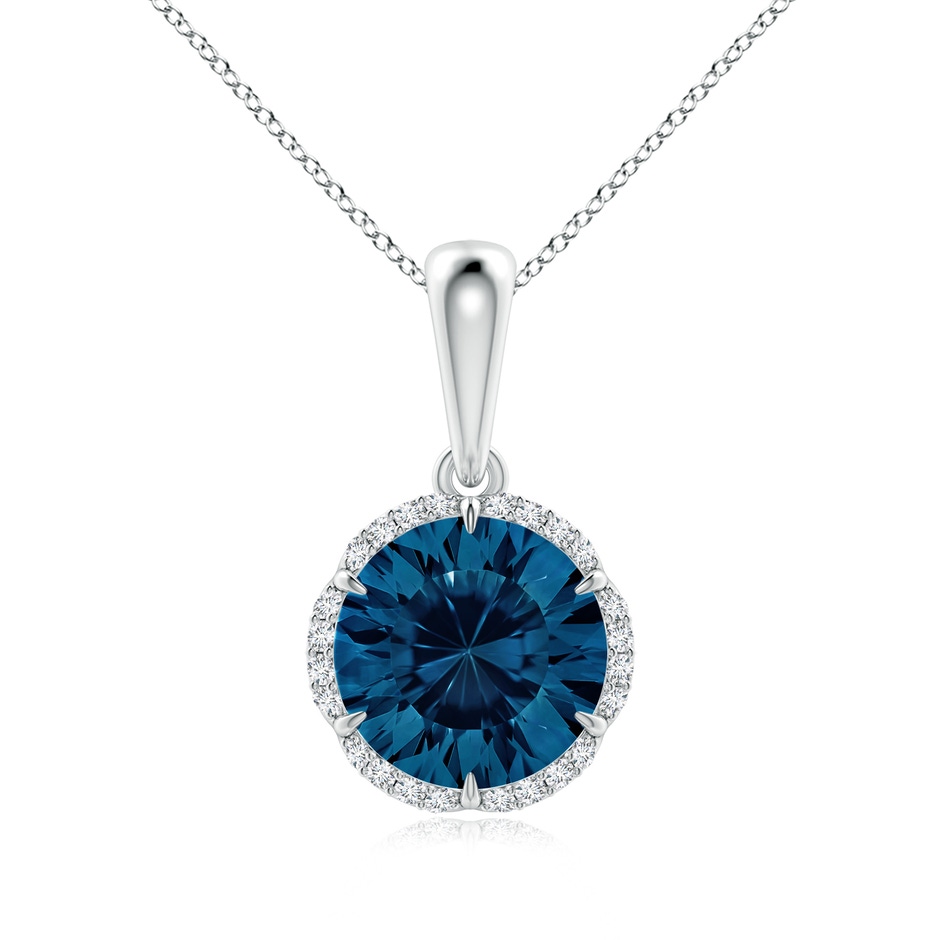 8mm AAAA Round London Blue Topaz Floral Halo Pendant in White Gold 