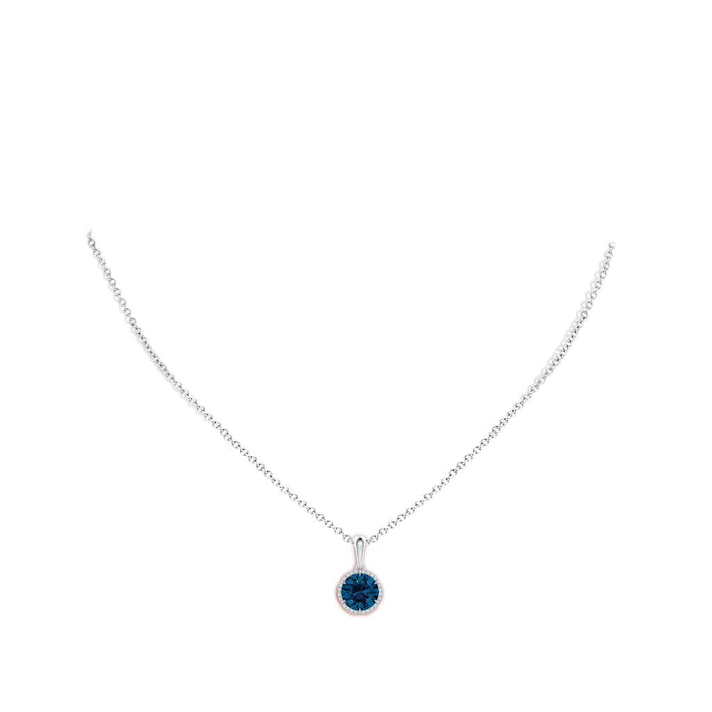 8mm AAAA Round London Blue Topaz Floral Halo Pendant in White Gold Body-Neck