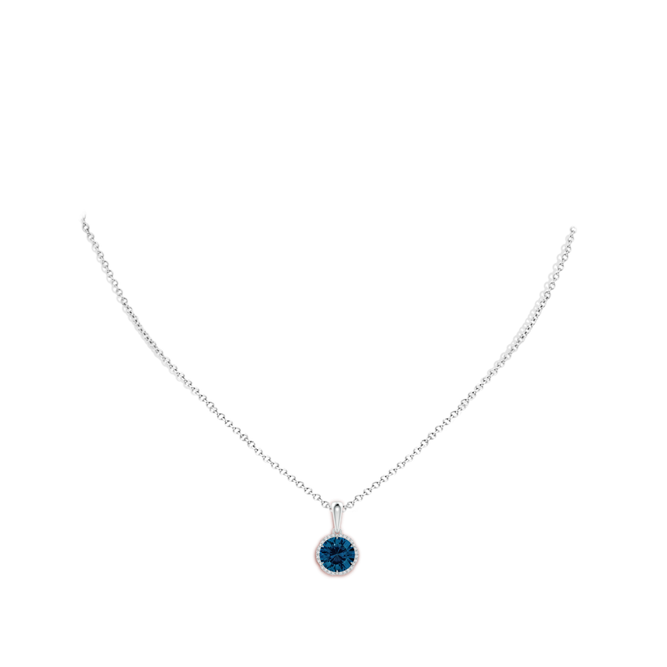 8mm AAAA Round London Blue Topaz Floral Halo Pendant in White Gold body-neck