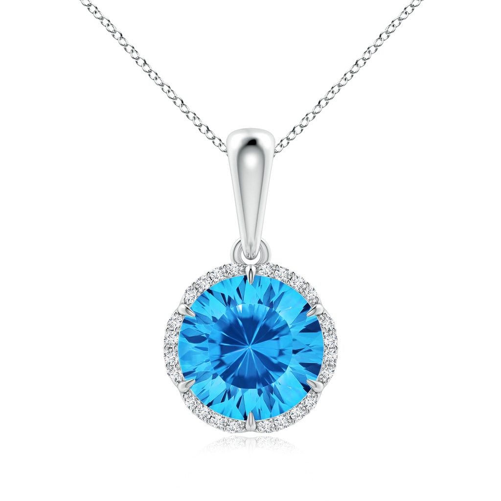 8mm AAAA Round Swiss Blue Topaz Floral Halo Pendant in White Gold