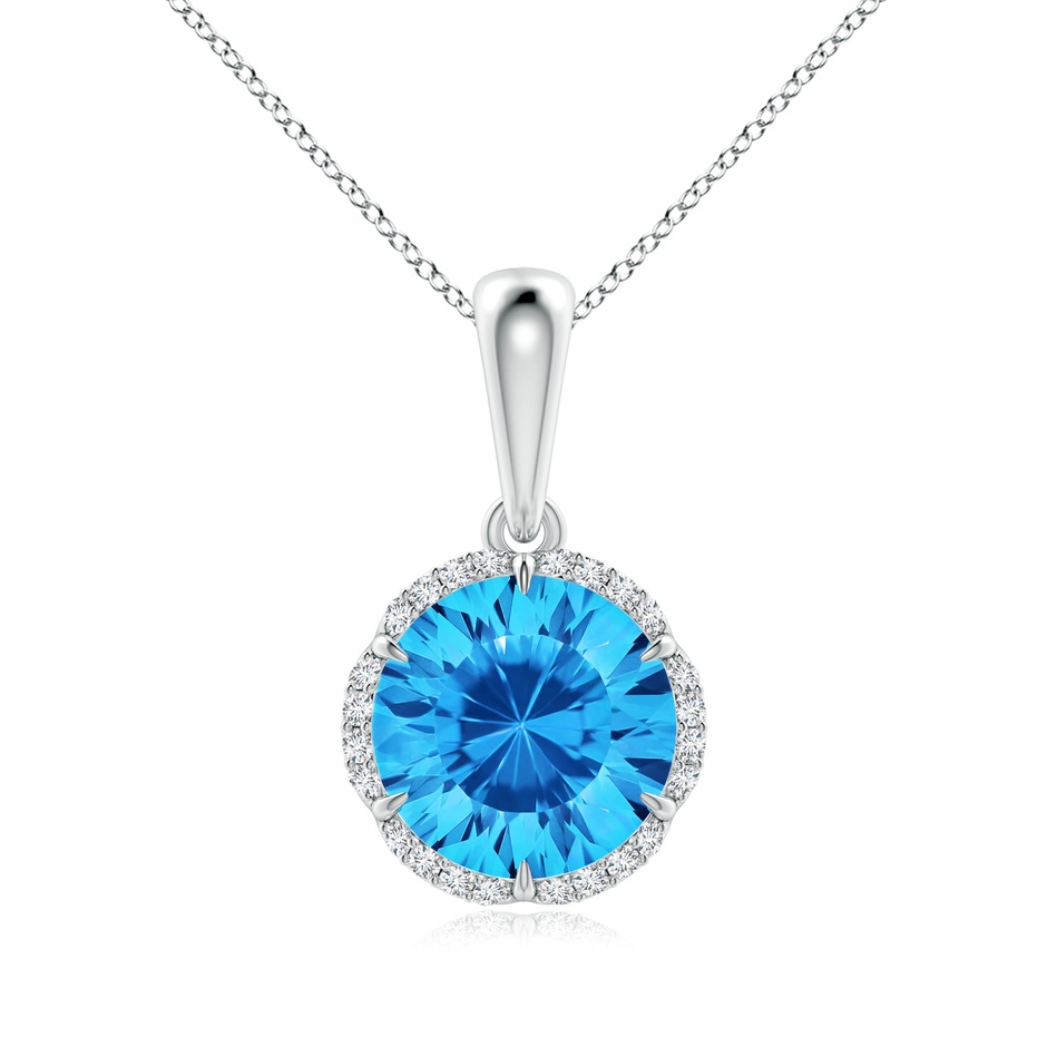 8mm AAAA Round Swiss Blue Topaz Floral Halo Pendant in White Gold 