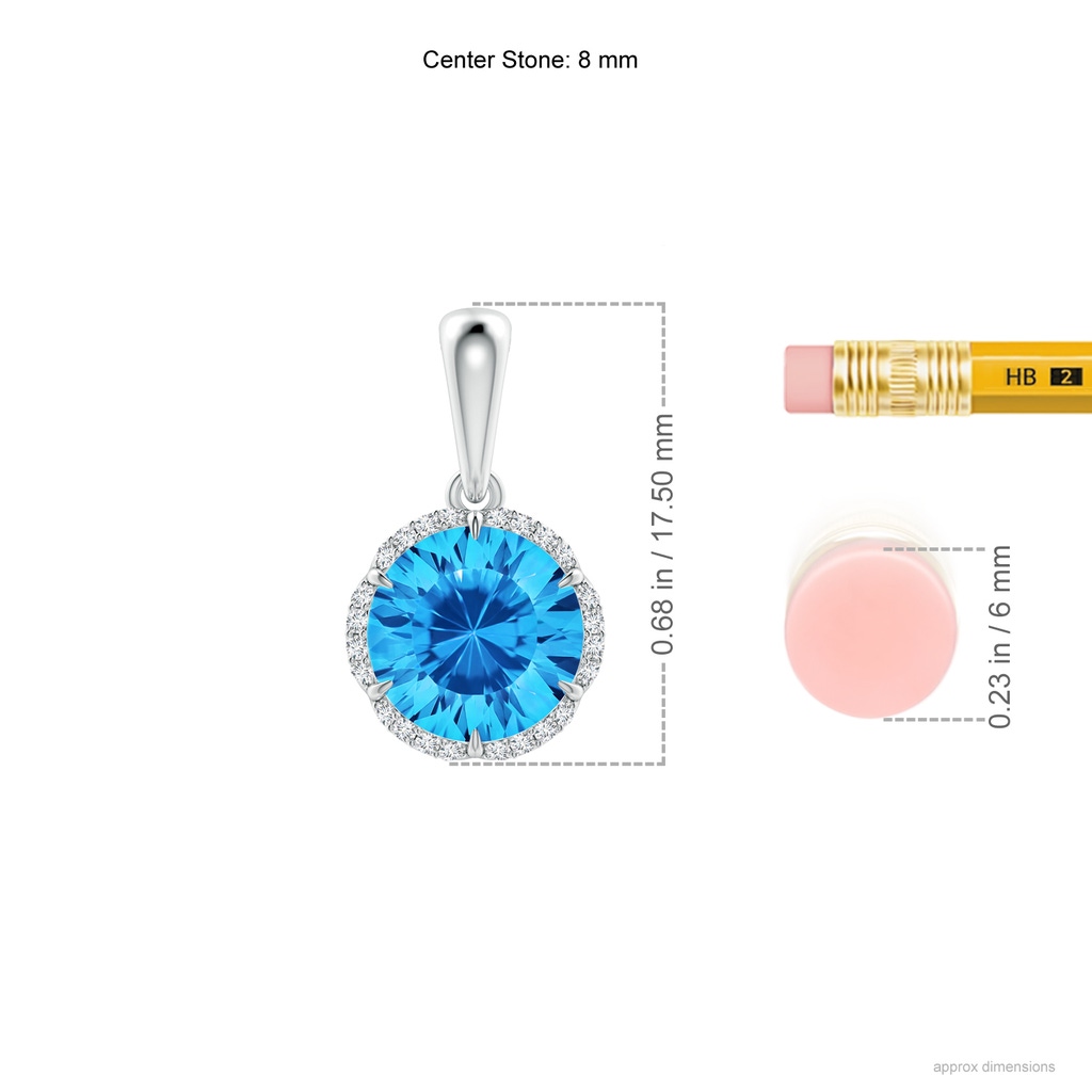 8mm AAAA Round Swiss Blue Topaz Floral Halo Pendant in White Gold Ruler